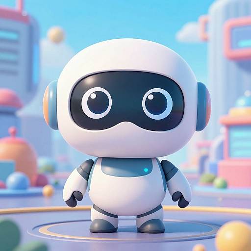 CGI image of a cute, round, white robot with black eyes and ears, standing on a platform in a colorful, futuristic city background.
