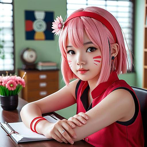 Digital artwork of an Asian girl with pink bob hair, red headband, red face paint, red sleeveless top, sitting at a desk. Background