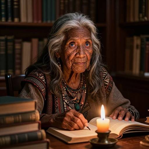 Photograph of an elderly Indigenous woman with long gray hair, deeply wrinkled face, and traditional bead necklace, reading by candlelight in a library.