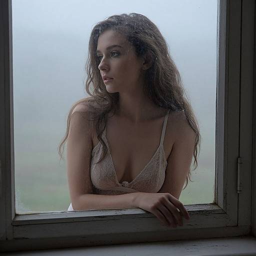 Photograph of a pensive young woman with long brown hair, wearing a sheer white lace bra, leaning on a window sill, gazing outside into