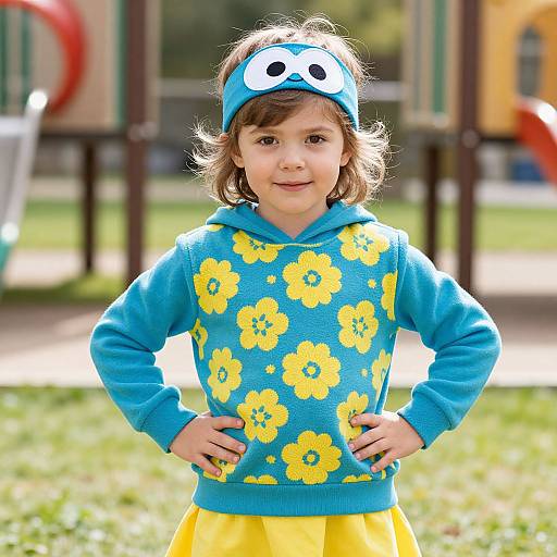 Photograph of a young girl with brown hair, wearing a blue hoodie with yellow flowers, yellow skirt, and blue headband with a white owl face