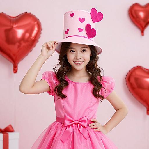 Photograph of a smiling young girl in pink dress and white hat with pink hearts, standing in front of red heart balloons.