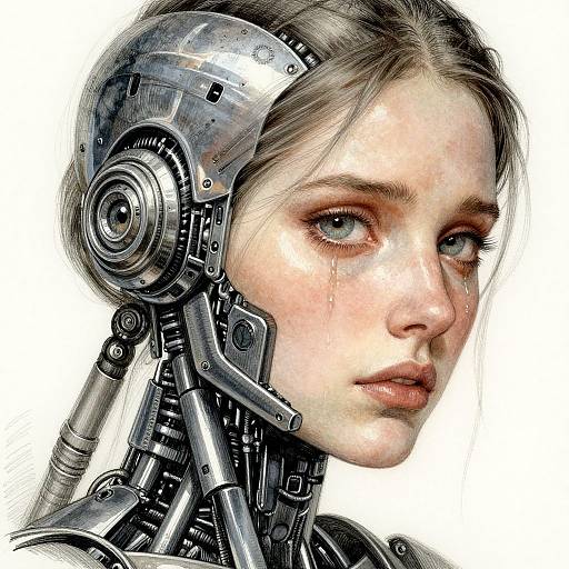 Digital artwork of a young woman with cybernetic head and neck, showing detailed metal components, pale skin, and intense blue eyes against a white background