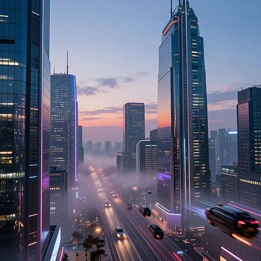 Photograph of a modern cityscape at dusk, featuring tall, illuminated skyscrapers with neon lights, a misty street, and blurred traffic below