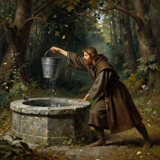 Photorealistic painting of a bearded man in a brown robe, pouring water from a metal bucket into a stone well in a lush, forested
