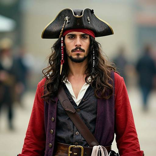 Photograph of a long-haired man with a mustache, wearing a black tricorne hat, red coat, black vest, and brown belt,