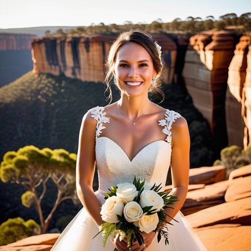 Smiling Bride in White Wedding Dress Outdoors
