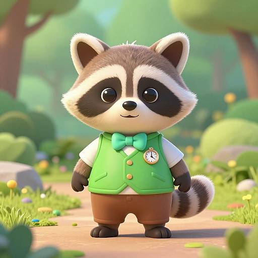 Cute CGI raccoon with black and white face, wearing a green vest, bowtie, and brown pants, standing on a sunny forest path.