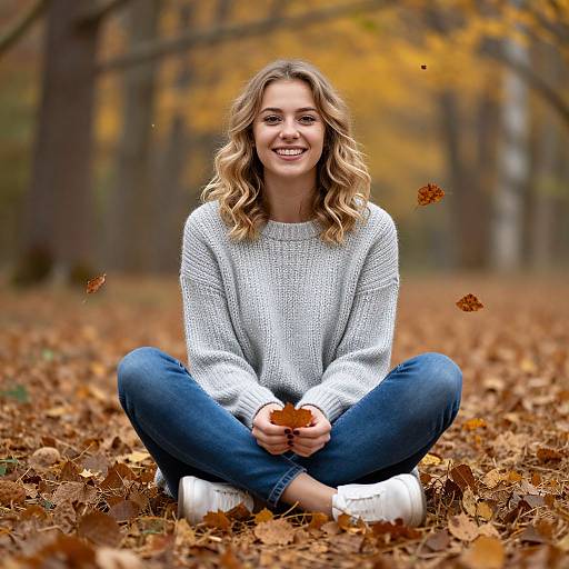 Photograph of a smiling young woman with wavy blonde hair, wearing a white sweater, blue jeans, and white shoes, sitting cross-legged on a