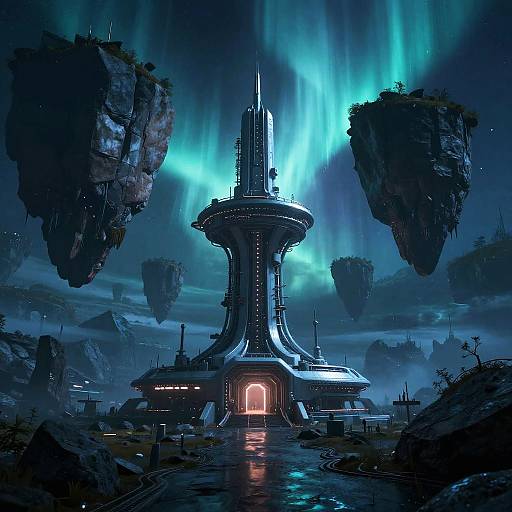 Futuristic Outpost Beneath Blue Aurora