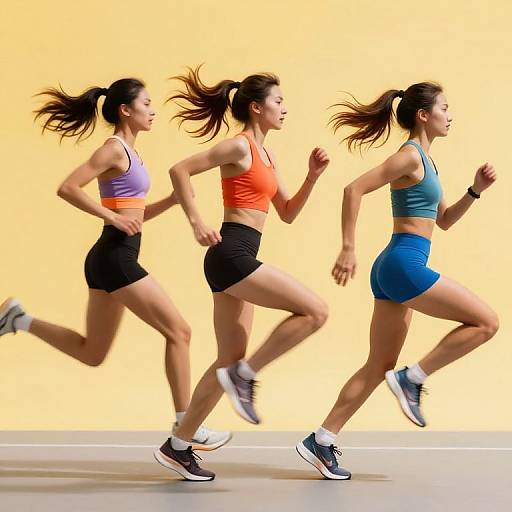 Photograph of three athletic women in mid-run, wearing sports bras and shorts, against a yellow background. They have ponytails, white sneakers, and