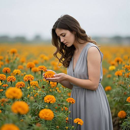 Photograph of a young woman with wavy brown hair in a sleeveless gray dress, gently holding an orange marigold flower in a vibrant,
