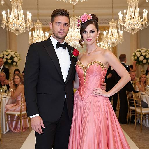 Photograph of a handsome man in a black tuxedo with red rose boutonniere, and a beautiful woman in a pink, gold-