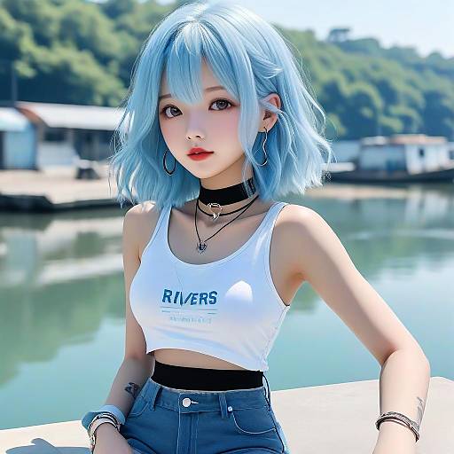 Digital anime-style photograph of a young woman with blue hair, wearing a white 