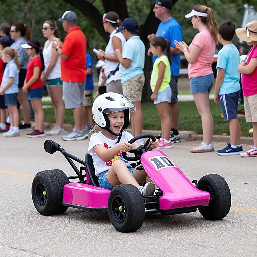 Photograph of a smiling young girl in a white helmet driving a bright pink go-kart on a paved path, surrounded by a diverse group of adults