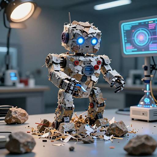 Photograph of a scrap metal robot with glowing blue eyes, standing on a lab table amidst broken metal pieces, illuminated by overhead lights and a neon screen