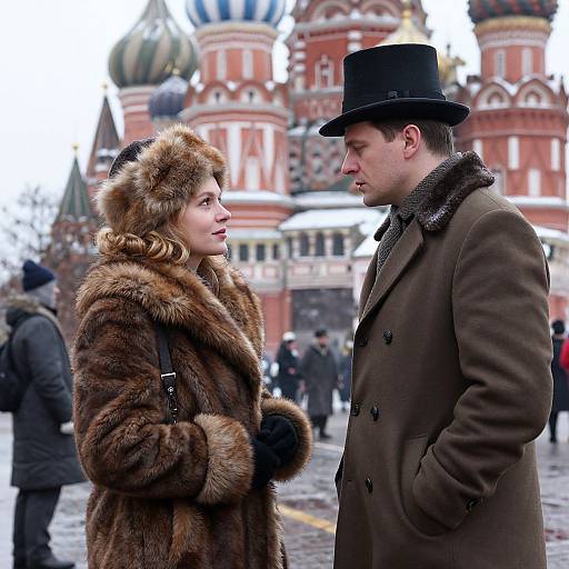 Photograph of a couple in winter coats and hats, standing in front of the colorful domes of St. Basil's Cathedral.
