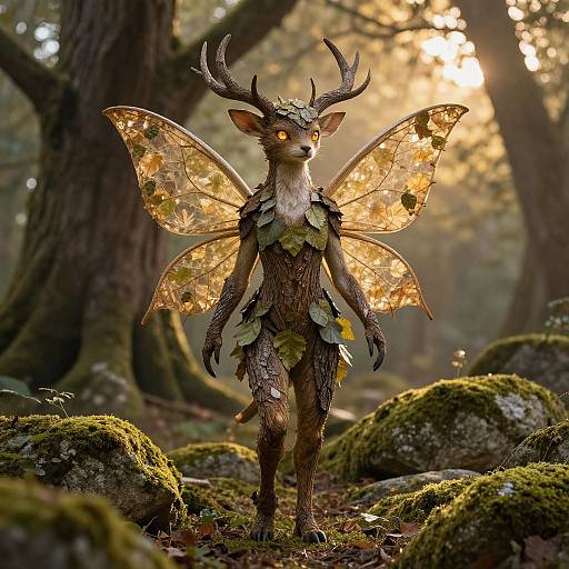 Photograph of a mystical deer fairy with glowing yellow eyes, antlers, leafy body, and translucent, golden-tinged wings in a sun