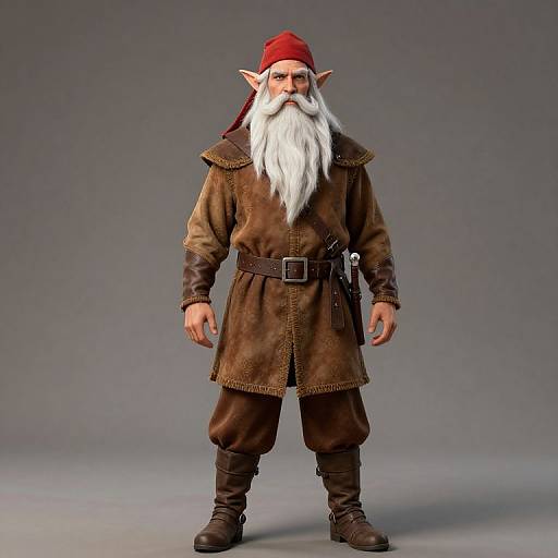 Photograph of a tall, white-bearded elf with pointed ears, wearing a red hat, brown leather tunic, belt, and boots, standing