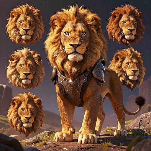 CGI image of a muscular, armored lion with a golden mane, surrounded by six close-up, detailed headshots of its face.