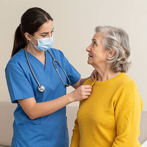 Photograph of a young female nurse in blue scrubs and mask, checking the yellow sweater of an elderly woman with gray hair. Bright, neutral background