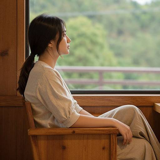 Contemplative Woman Amidst Passing Greenery