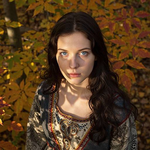 Photograph of a pale-skinned, blue-eyed woman with long black hair, wearing an ornate, patterned top, standing in a sunlit