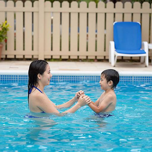 Photograph of a smiling Asian woman and young boy in a blue swimming pool, holding hands, with a white picket fence and blue chair in the