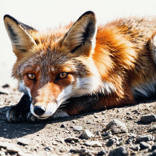 Melancholy Red Fox Resting on Rocky Ground