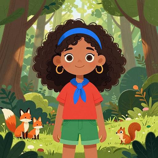Curly-Haired Girl in Sunlit Forest