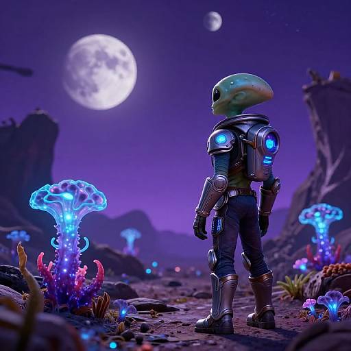 CGI image of an astronaut in a futuristic suit with a dome helmet, standing in a glowing, alien moonlit landscape with bioluminescent mushrooms