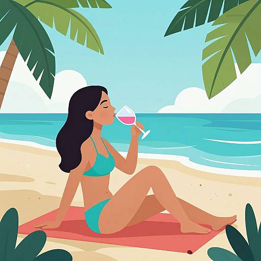 Digital illustration of a dark-haired woman in a turquoise bikini, sitting on a red mat, drinking pink wine on a tropical beach with palm trees and a