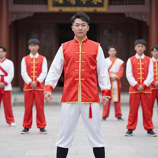 Photograph of a Chinese man in red and white traditional martial arts uniform, standing center with five similarly dressed students in the background, in front of a