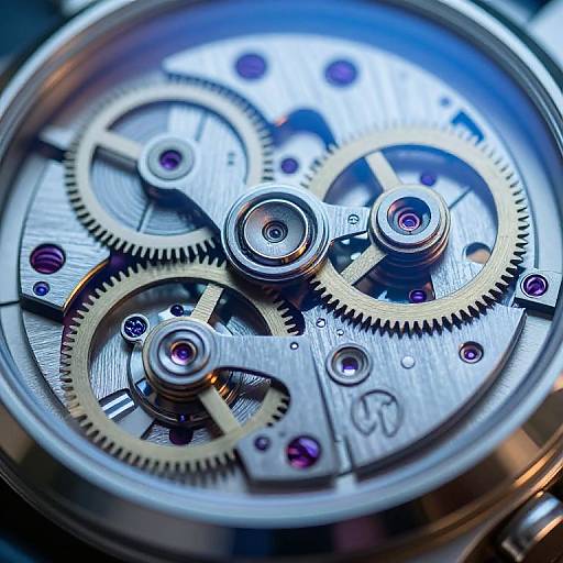 Close-up photograph of intricate watch movement with silver gears, purple jewels, and blue lighting, showcasing mechanical complexity and precision.
