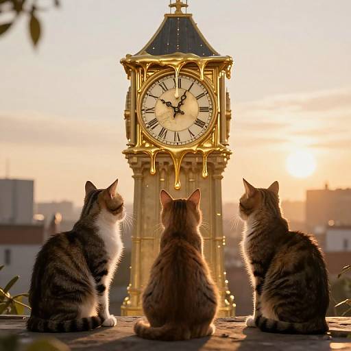 Photograph of three tabby cats sitting in front of a golden clock tower at sunset, with a cityscape in the background.