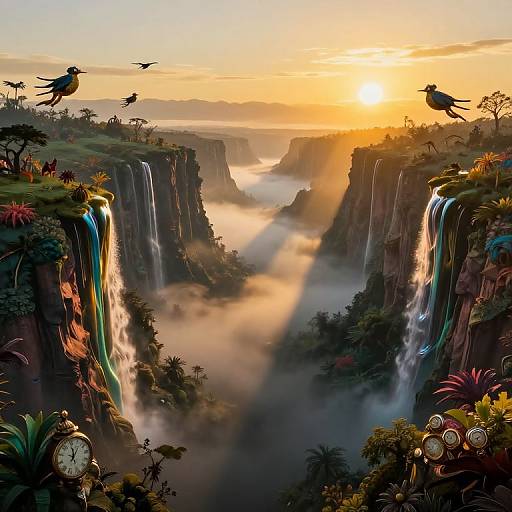 Digital fantasy landscape at sunrise: towering cliffs with cascading waterfalls, birds flying, lush vegetation, clock in foreground, misty valleys.