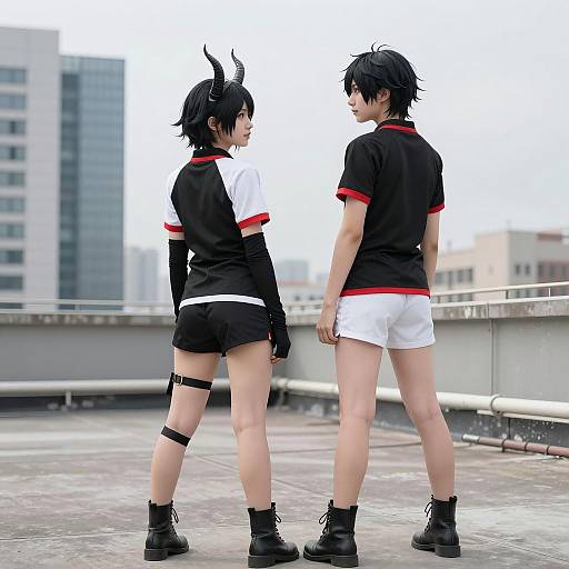 Two Cosplayers on Rooftop in Black and White Outfits