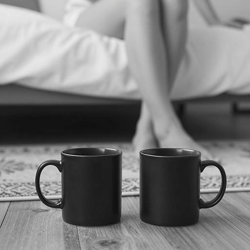 Two black mugs on wooden floor with person sitting on bed