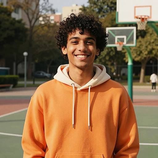 Smiling Young Man in Orange Hoodie Outdoors