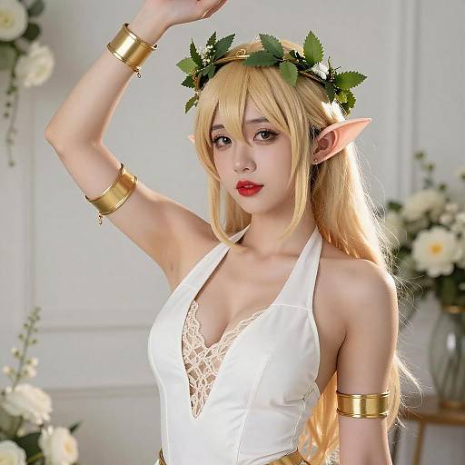 Blonde Elf Woman in Leafy Costume