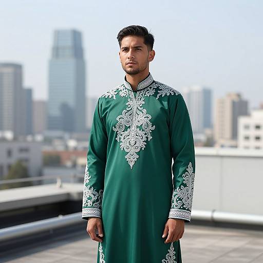 Photograph of a handsome, dark-haired man in a green traditional Pakistani kameez with intricate white embroidery, standing on a rooftop with a cityscape