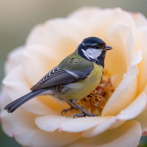Photograph of a black-capped chickadee with green and yellow plumage, perched on a dewy, white rose bloom. Soft,
