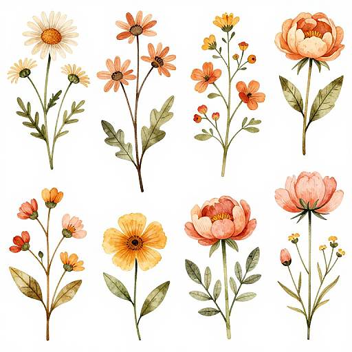 Watercolor botanical illustration of ten distinct flowers, including daisies, cosmos, peonies, and poppies, with green leaves on a white