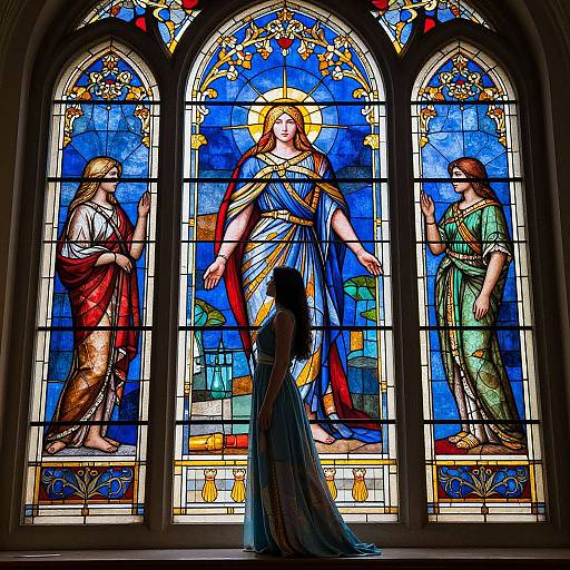 Photograph of a colorful stained glass window depicting Jesus in the center, flanked by two angels, with a shadowy figure in front. Gothic arch