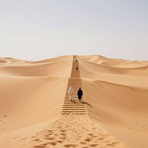 Photograph of three silhouetted figures walking on a narrow wooden path through vast, sunlit, golden sand dunes under a clear blue sky