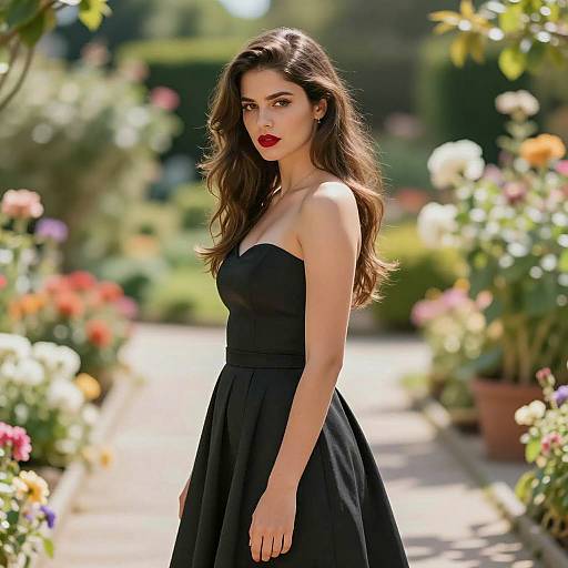 Elegant Woman in Strapless Black Dress in Garden