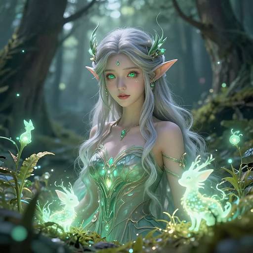 Digital fantasy artwork of a beautiful, green-eyed elf woman with long silver hair, pointed ears, glowing green dress, and ethereal forest surroundings with lum