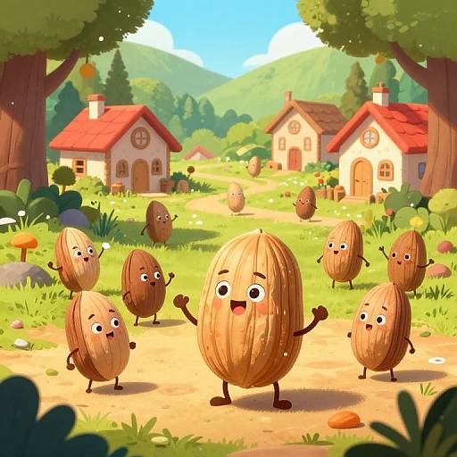 Cartoon image of cheerful, anthropomorphic walnuts with arms and legs, standing on a sunny dirt path in a vibrant, forested village with red