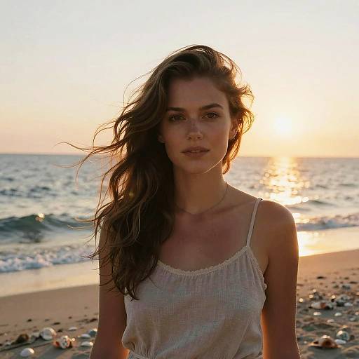 Photograph of a young woman with long, wind-swept brown hair, wearing a white, spaghetti-strap sundress, standing on a beach