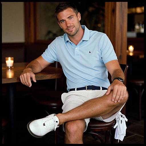 Photograph of a handsome, casually dressed man in a light blue polo and white shorts, sitting relaxed in a dimly lit bar with candles. He
